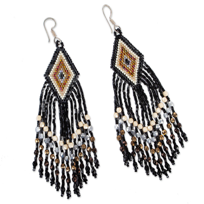 Glass beaded waterfall earrings, 'Diamond Cascade' - Huichol Handcrafted Black-Brown Beadwork Waterfall Earrings