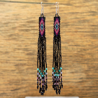 Glass beaded waterfall earrings, 'Black Diamond Talisman' - Handcrafted Black Beadwork Huichol Waterfall Earrings
