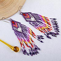 Glass beaded waterfall earrings, 'White Huichol Deer' - Handcrafted Huichol Beadwork Deer Long Purple Earrings