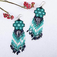 Glass beaded waterfall earrings, 'Turquoise Jikuri'
