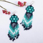 Glass beaded waterfall earrings, 'Turquoise Jikuri' - Turquoise Floral Beadwork Huichol Waterfall Earrings