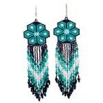 Glass beaded waterfall earrings, 'Turquoise Jikuri' - Turquoise Floral Beadwork Huichol Waterfall Earrings