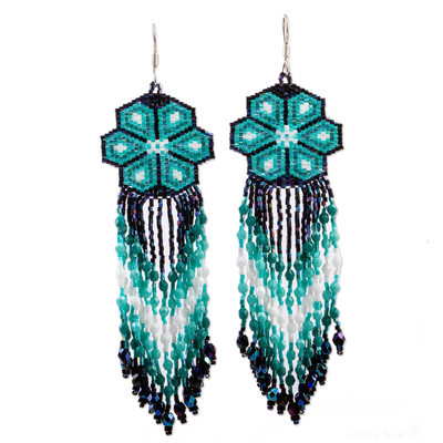 Turquoise Floral Beadwork Huichol Waterfall Earrings