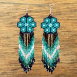 Glass beaded waterfall earrings, 'Turquoise Jikuri' - Turquoise Floral Beadwork Huichol Waterfall Earrings