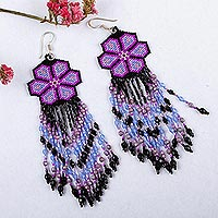 Glass beaded waterfall earrings, 'Purple Jikuri' - Purple Floral Beadwork Huichol Waterfall Earrings