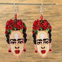 Handcrafted Frida Kahlo Huichol Earrings in Beadwork,'Immortal Frida'