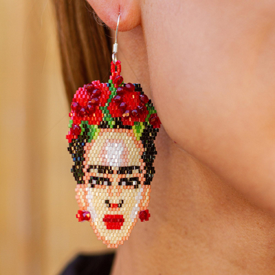 Pendientes colgantes con cuentas de cristal - Pendientes Frida Kahlo Huichol hechos a mano en abalorios