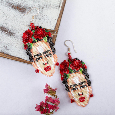 Frida Kahlo Dangling Earrings With Palette Artist Handcrafted 925 Sterling Silver Hook Hand Painted