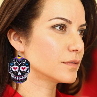 Glass beaded dangle earrings, 'Black Skeleton' - Beadwork Day of the Dead Black Skull Huichol Earrings