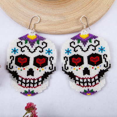 Glass beaded dangle earrings, 'White Skeleton' - Beadwork Day of the Dead White Skull Huichol Earrings