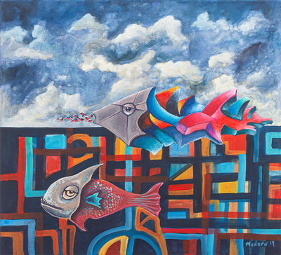 Original Signed Surrealist Fish in the Sky Painting