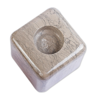 Marble tealight holder, 'Shape of Light' - Taupe Marble Cube Tealight Candle Holder