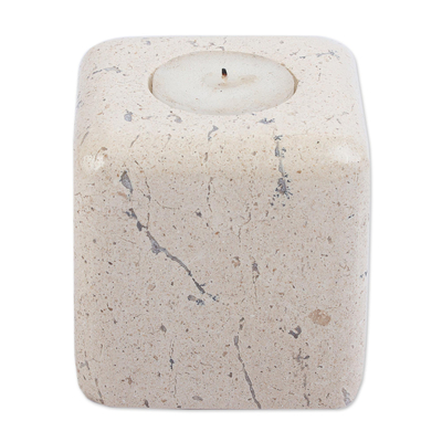 Marble tealight holder, 'Light the Night' - Natural Beige Marble Cube Tealight Candle Holder
