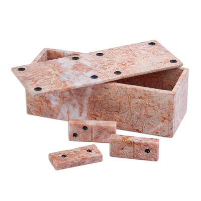 Marble domino set, 'Victorious Chance' (9 inch) - 28 Piece Rose Marble Domino Set with Storage Box (9 inch)