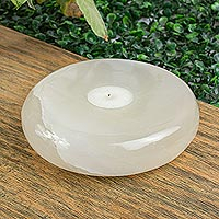Onyx tealight candleholder, 'White Modern Beauty' - White Onyx Circular Tealight Candleholder from Mexico