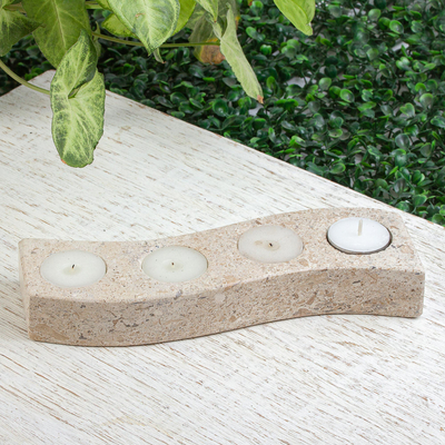 Marble tealight holder, 'On the Curve' - Four-Tealight Marble Candle Holder from Mexico