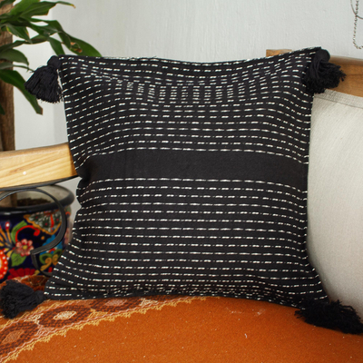 Zapotec cotton cushion cover, 'Midnight in Dainzu' - Zapotec Handwoven Black Cotton Cushion Cover