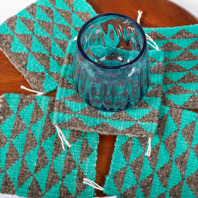 Wool coasters, 'Zapotec Diamond in Sea Green' (set of 6) - Green and Grey Hand Woven Wool Coasters (Set of 6)