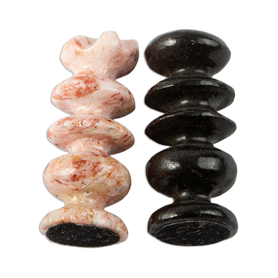 Marble chess pieces, 'Black and Pink Challenge' - Petite Mexican Black and Rose Marble Chess Pieces Set