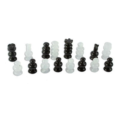 Petite Mexican Black Obsidian-White Marble Chess Pieces Set