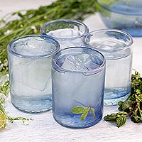 Hand blown juice glasses, 'Denim Blue' (set of 6)