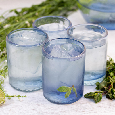 Hand blown juice glasses, 'Denim Blue' (set of 6) - Recycled Hand Blown Juice Glasses in Blue (Set of 6)