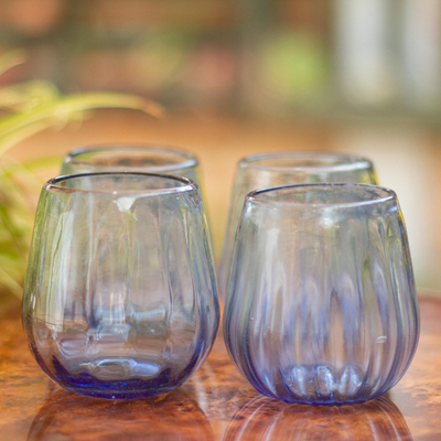 Hand blown stemless wine glasses, 'Fiesta Azul' (set of 6) - Hand Blown Blue Stemless Wine Glasses (Set of 6)