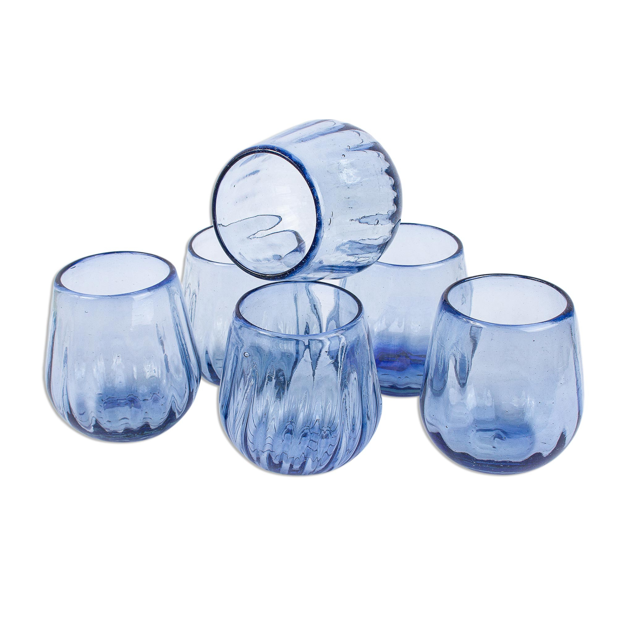 Hand Blown Blue Stemless Wine Glasses Set Of 6 Fiesta Azul Novica