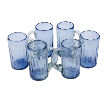 Hand blown beer mugs, 'Fiesta Azul' (set of 6) - Artisan Crafted Recycled Beer Mugs in Blue (Set of 6)