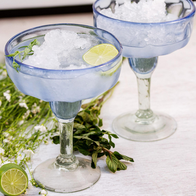 Hand blown margarita glasses, 'Fiesta Azul' (set of 6) - Blue Margarita Glasses Hand Blown in Mexico (Set of 6)
