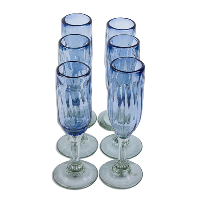 Handblown champagne flutes, 'Fiesta Azul' (set of 6) - Hand Blown Blue Recycled Glass Champagne Flutes (Set of 6)