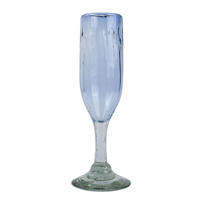 Handblown champagne flutes, 'Fiesta Azul' (set of 6) - Hand Blown Blue Recycled Glass Champagne Flutes (Set of 6)