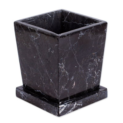 Marble flower pot, 'Black and White Contempo' - Modern Natural Black and White Marble Flower Pot