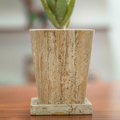 Marble flower pot, 'Earth Contempo' - Modern Flower Pot of Brown Marble with Vertical Veins
