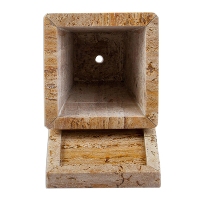 Marble flower pot, 'Earth Contempo' - Modern Flower Pot of Brown Marble with Vertical Veins