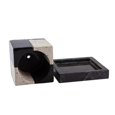 Kleiner Marmorpflanzer - Quadratischer Übertopf aus Travertin und schwarzem Marmor mit Untertasse