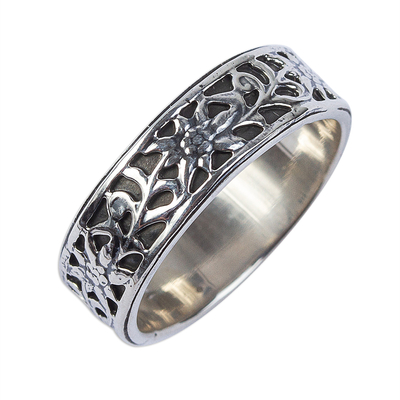 Sterling silver band ring, 'Sunflower Garland' - Sunflower Band Ring in 950 Taxco Silver