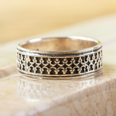 950 silver band ring, 'Elegant Fretwork' - 950 Silver Fretwork Band Ring from Mexico