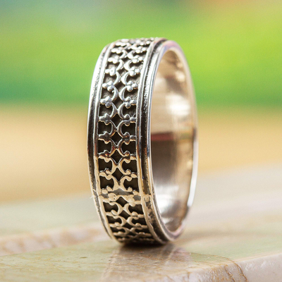 950 silver band ring, 'Elegant Fretwork' - 950 Silver Fretwork Band Ring from Mexico