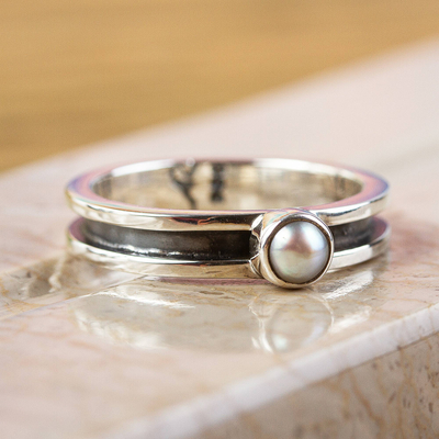 Cultured pearl band ring, 'Modern Magic' - Modern 950 Silver and Cultured Pearl Band Ring