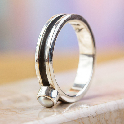 Cultured pearl band ring, 'Modern Magic' - Modern 950 Silver and Cultured Pearl Band Ring