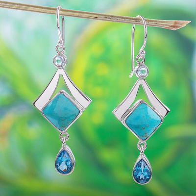 Blue topaz and turquoise dangle earrings, 'Mixed Blues' - Turquoise and Blue Topaz 950 Silver Dangle Earrings