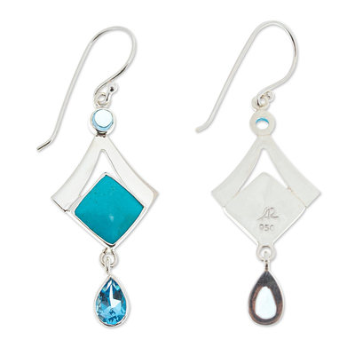 Blue topaz and turquoise dangle earrings, 'Mixed Blues' - Turquoise and Blue Topaz 950 Silver Dangle Earrings