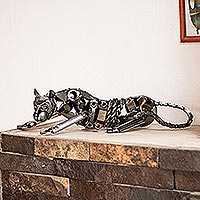 Escultura de autopartes recicladas, 'Rustic Panther' - Escultura única de pantera de autopartes recicladas