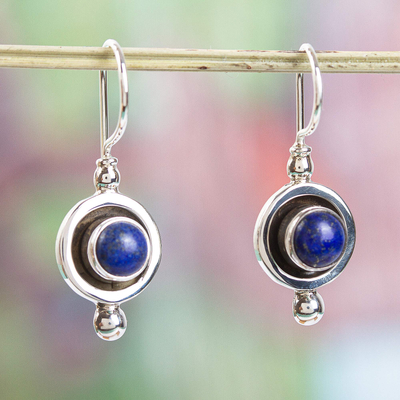 Lapis lazuli dangle earrings, 'Blue Lunar Shadow' - Taxco Sterling Silver and Lapis Lazuli Dangle Earrings