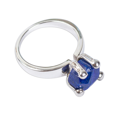 Lapis lazuli solitaire ring, 'Sea Facets' - Taxco Sterling Silver and Lapis Lazuli Solitaire Ring