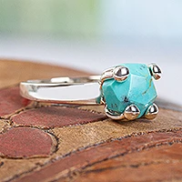 Turquoise solitaire ring, 'Sky Facets' - Taxco Sterling Silver and Natural Turquoise Solitaire Ring