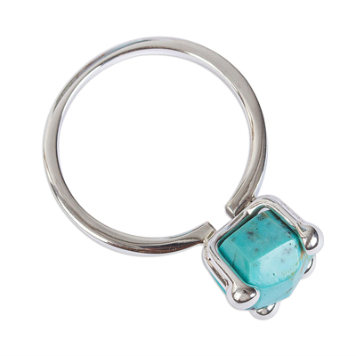 Turquoise solitaire ring, 'Sky Facets' - Taxco Sterling Silver and Natural Turquoise Solitaire Ring