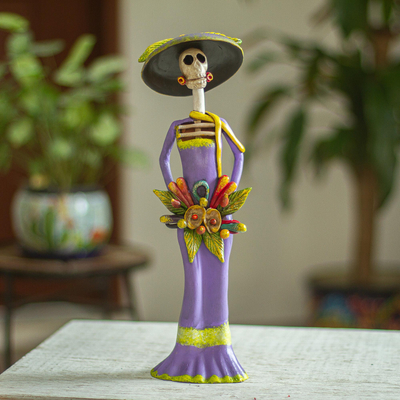 Ceramic sculpture, 'Proud Catrina' - Artisan Crafted Ceramic Catrina Statuette in Purple