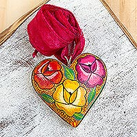 Wood pendant necklace, 'Blossom Bouquet' - Hand Painted Heart Ribbon Necklace with 925 Sterling Accents
